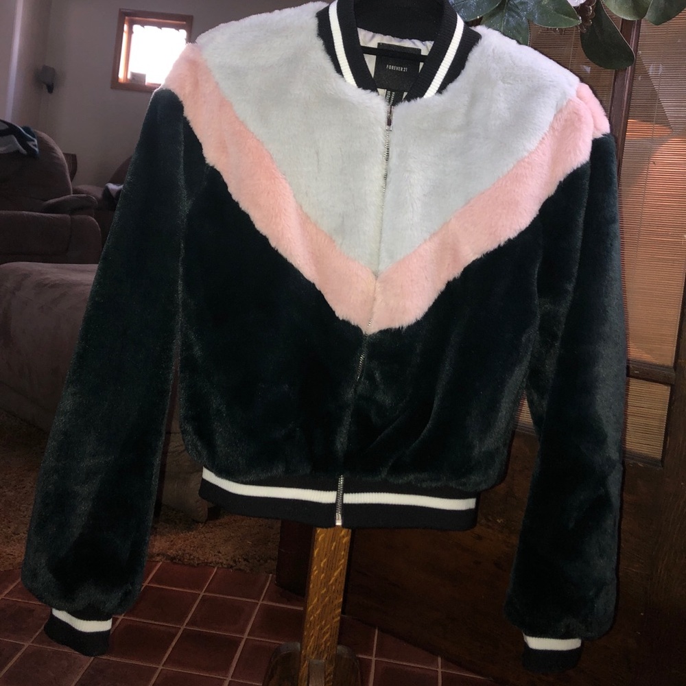 Color block faux fur bomber
